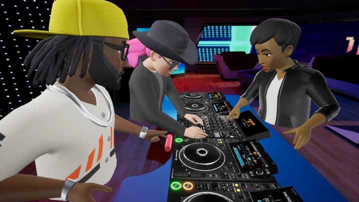 Three Tribe DJs mixing together at a shared booth