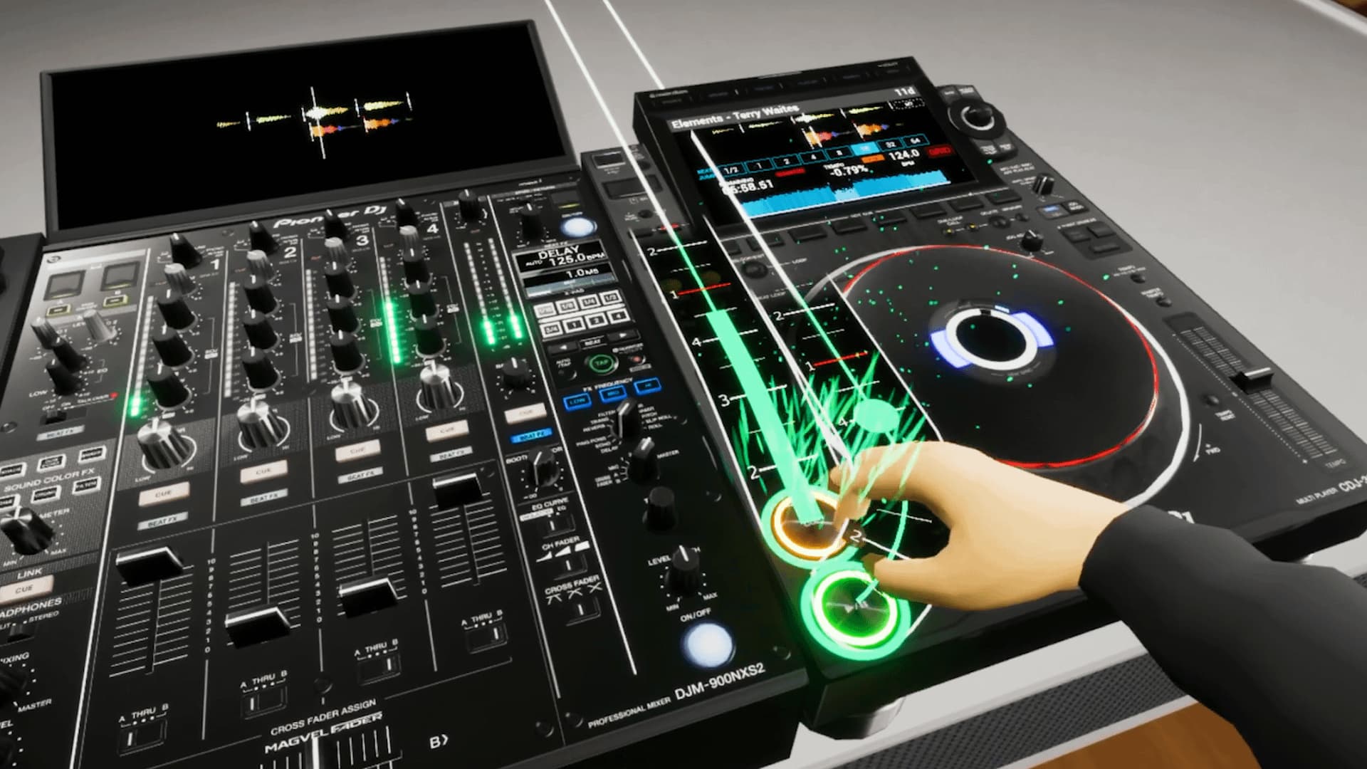 A hand cueing a track on a virtual CDJ in Tribe